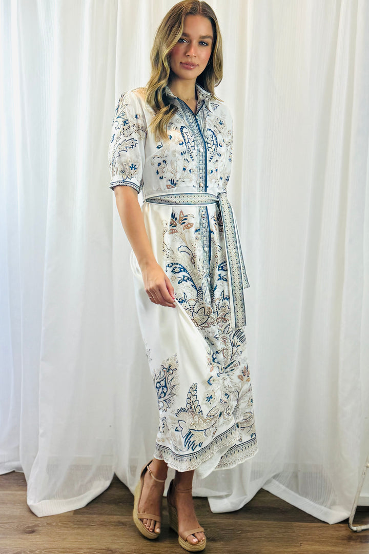 Lopez Embroidered Print Dress  in White