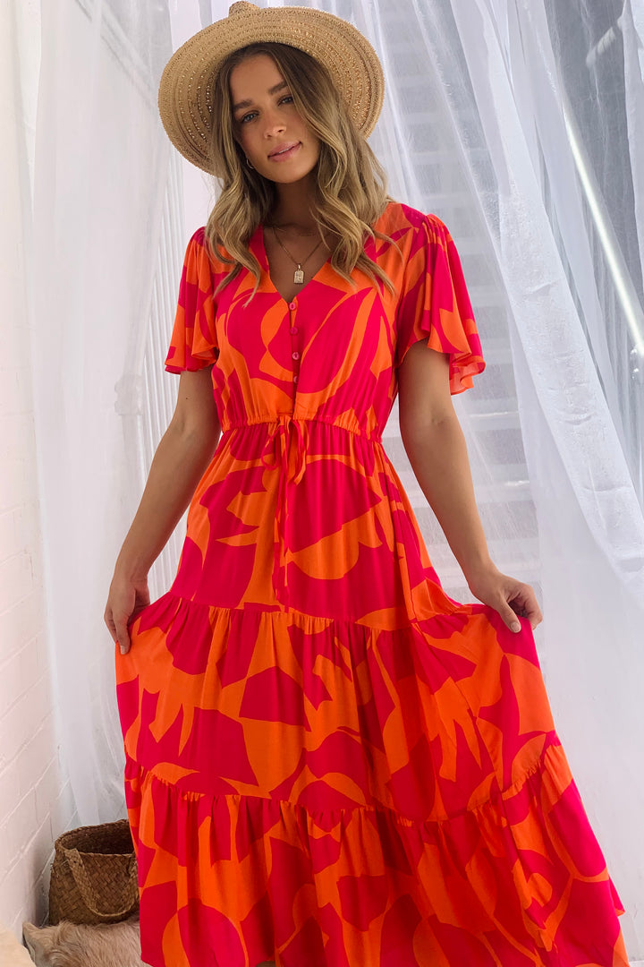Santorini Midi Dress  in Orange and Hot Pink