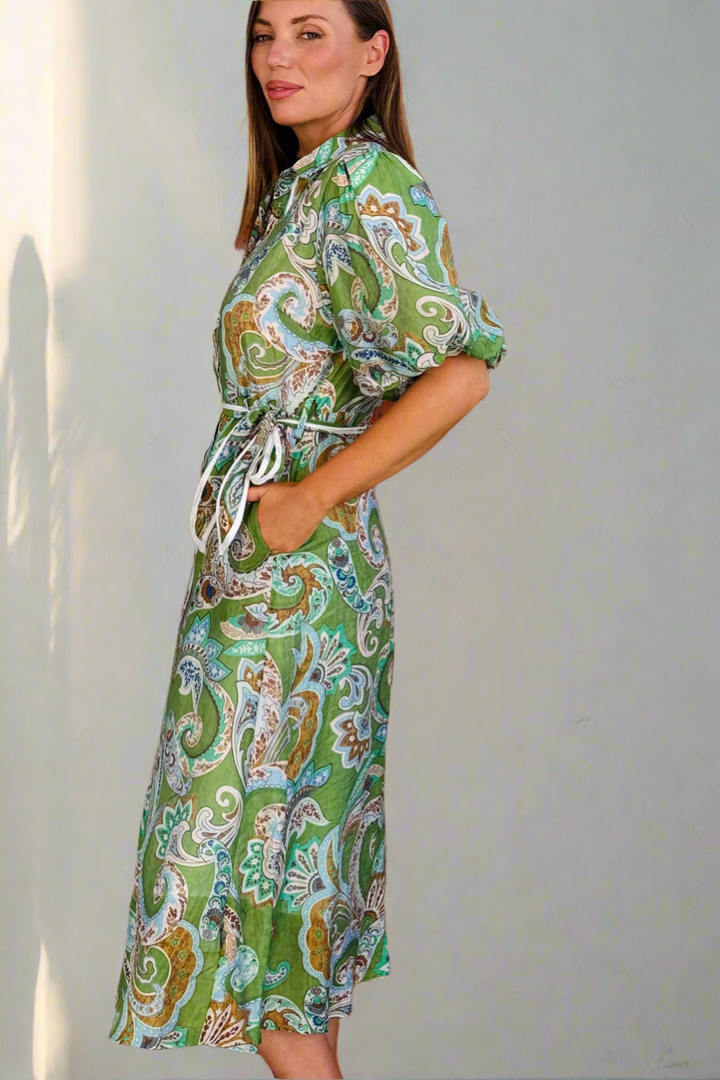 Leah Paisley Dress in Green Print