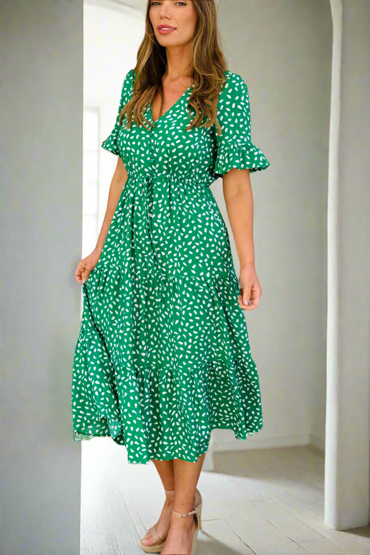 Jeannie Midi Dress  in Apple Green and White