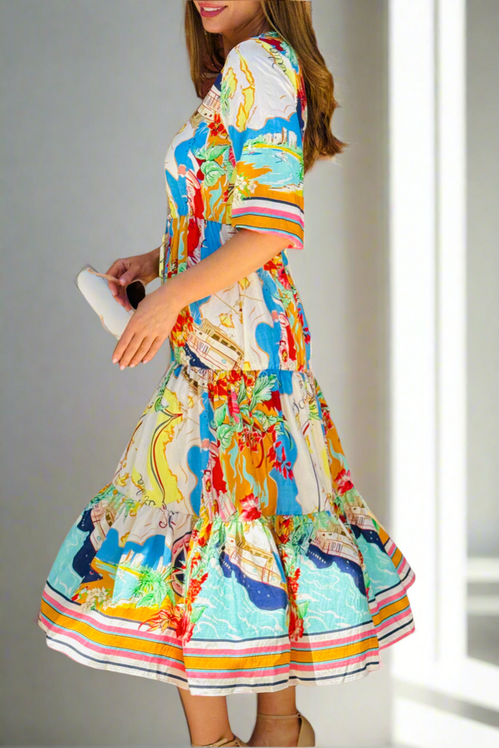Sorrento Multi Print Drawstring Midi Dress