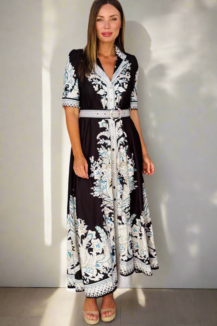 Layla Embroidered Print Maxi Dress in Black
