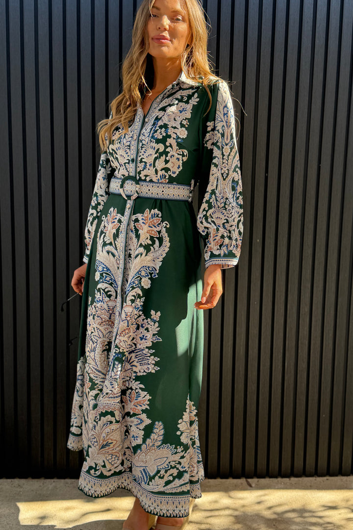 Lopez Long Sleeve Dress in Green Embroidered Print