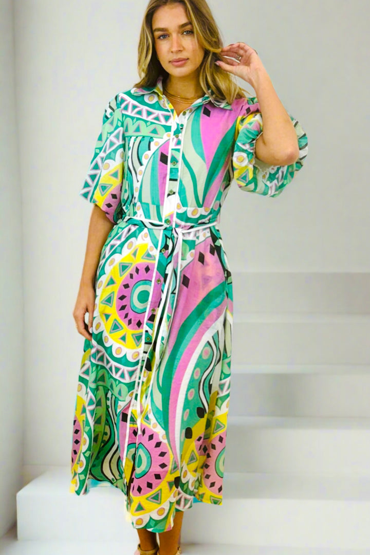 Leah Dress in Mint Colour Print