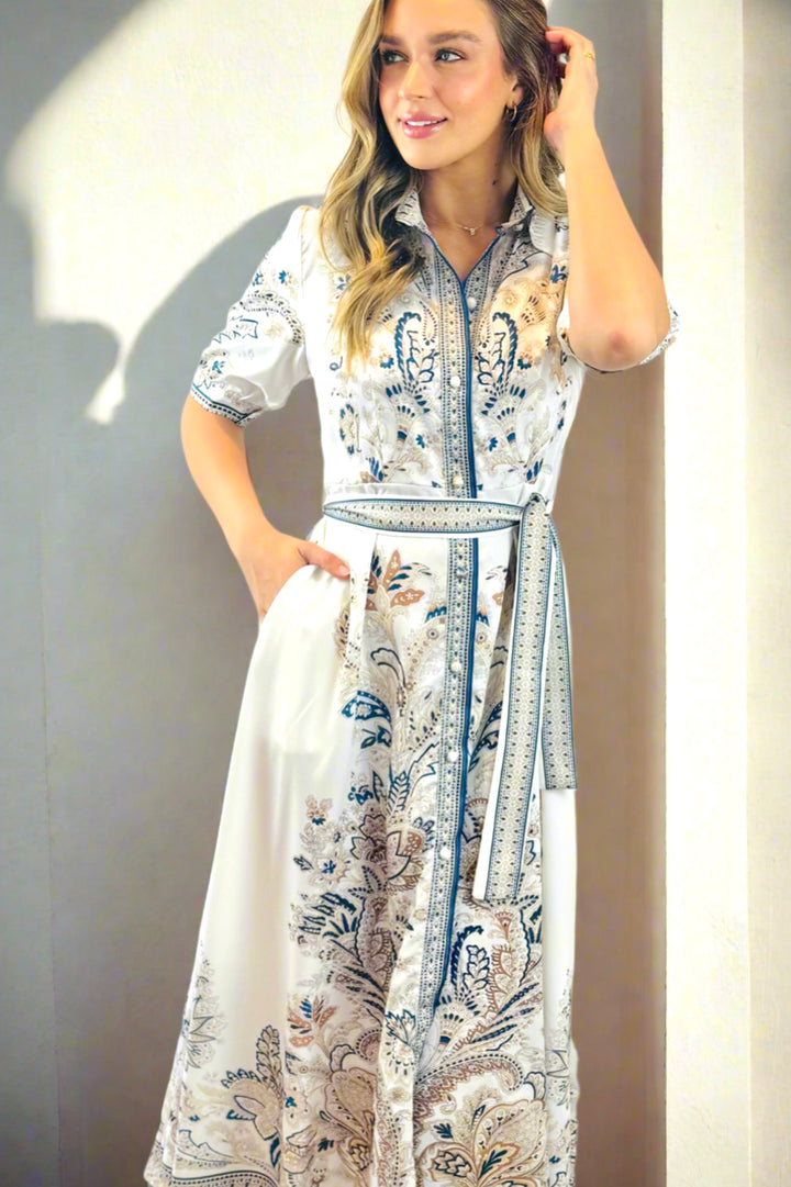 Lopez Embroidered Print Dress  in White