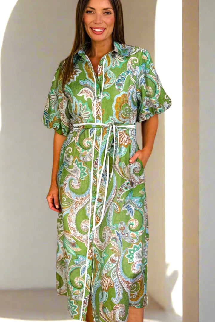 Leah Paisley Dress in Green Print