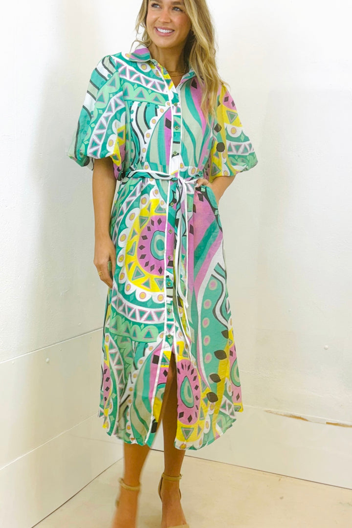 Leah Dress in Mint Colour Print