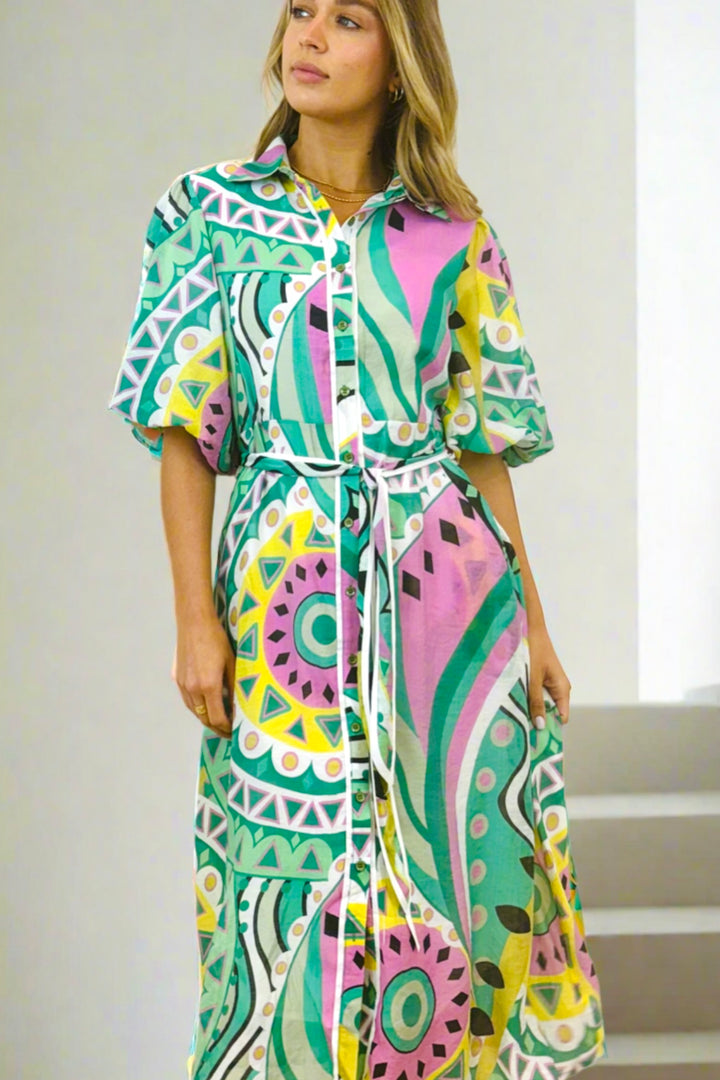 Leah Dress in Mint Colour Print