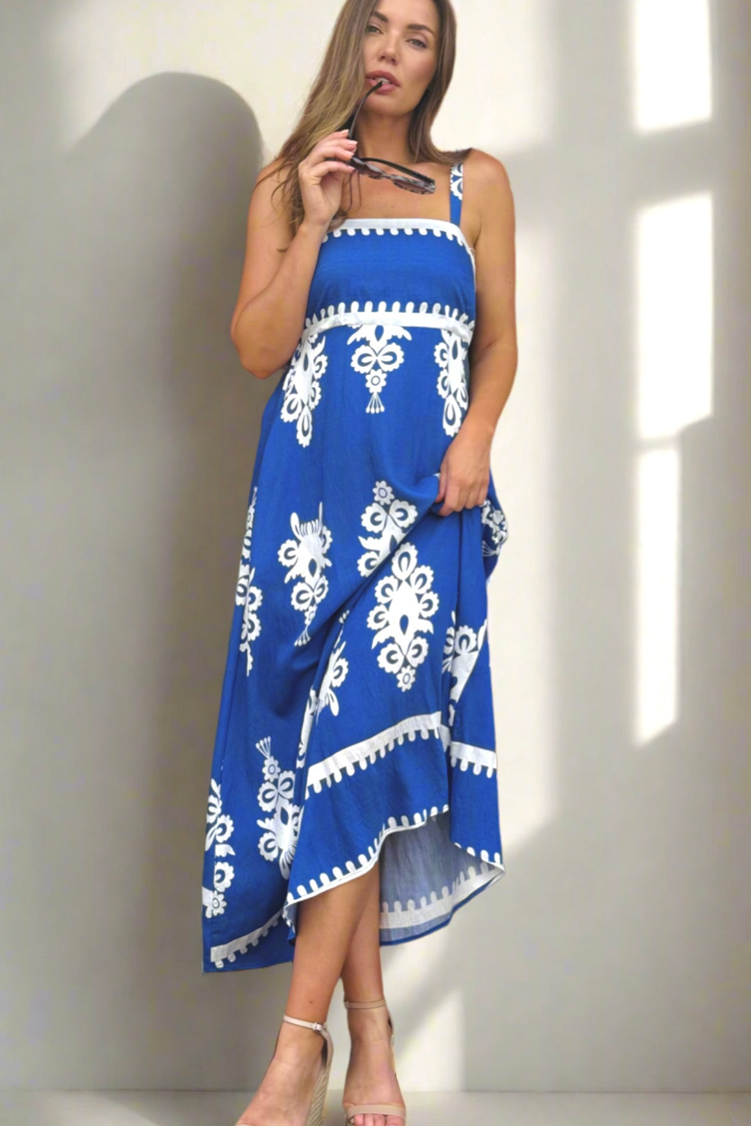 Positano Embroidery Print Maxi Dress in Blue