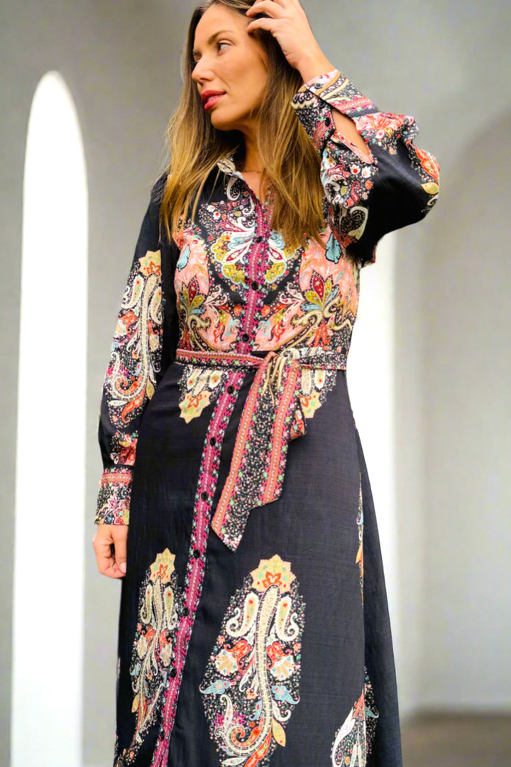 New Arrival -Gidget Black Embroidered Print Dress in Long Sleeve