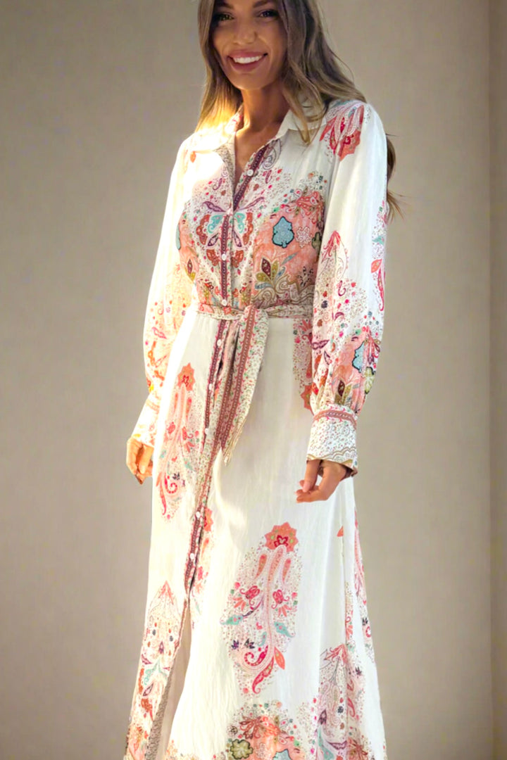 Gidget Embroidered Print Dress in Off White