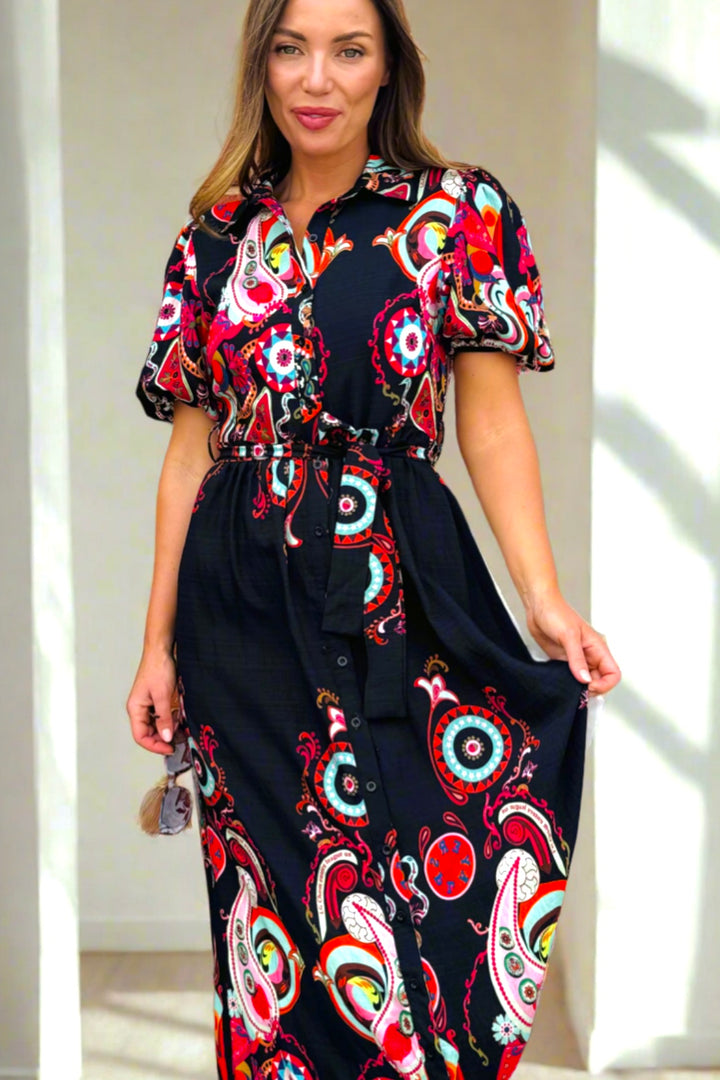 Ebony Printed Shirt Dress in Black Print