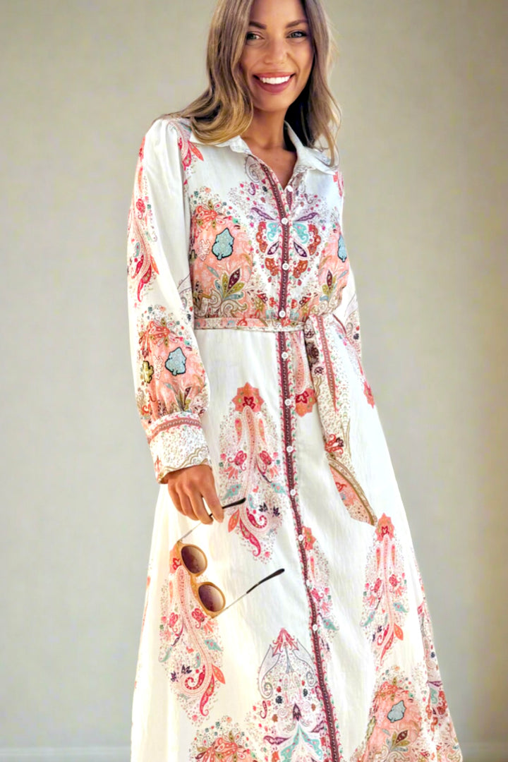 Gidget Embroidered Print Dress in Off White