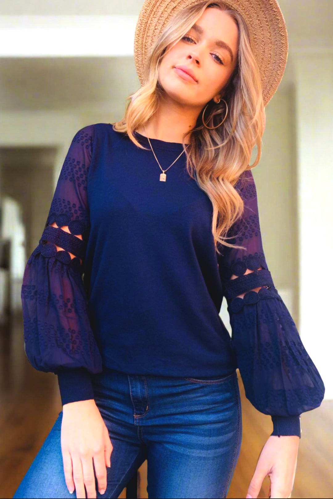 Molli Knit Top Detailed Sleeve in Navy