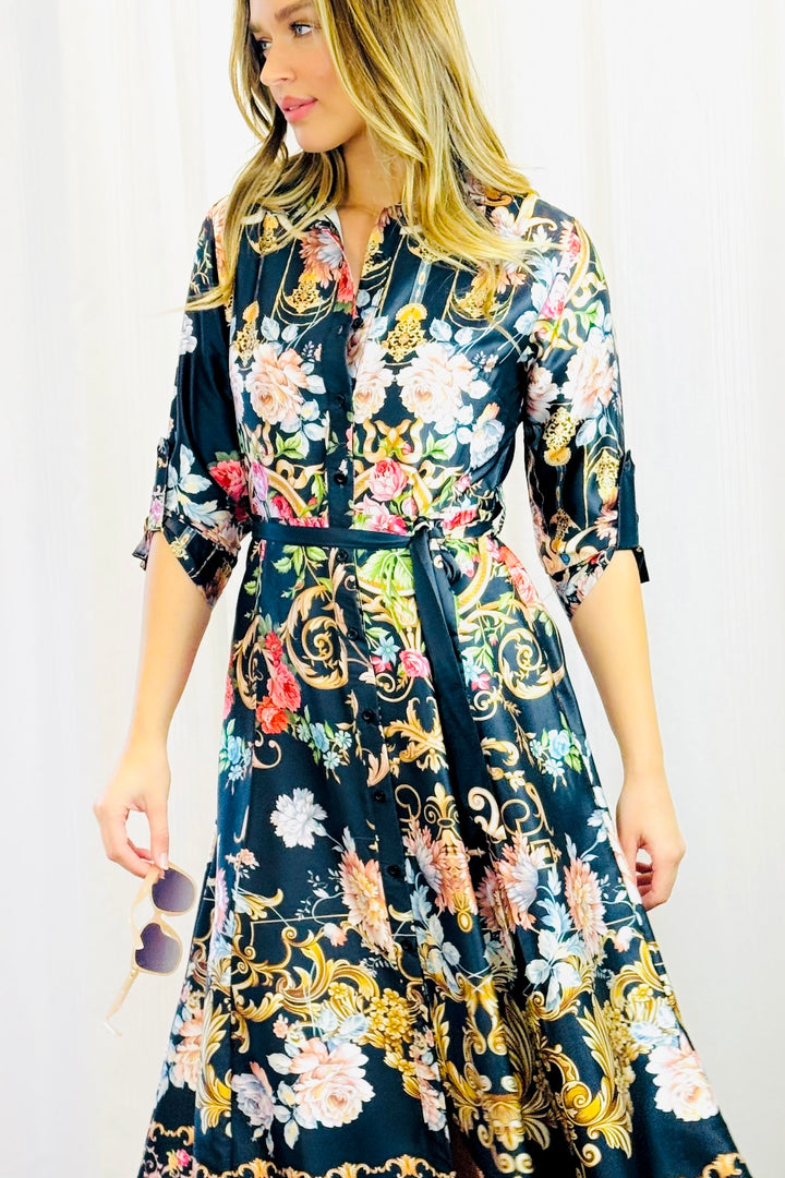 Mileaka Dress in Black With Floral Multi Print.