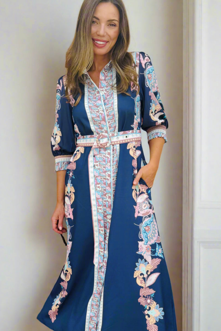 Claudine Midi Print Dress in Navy Print