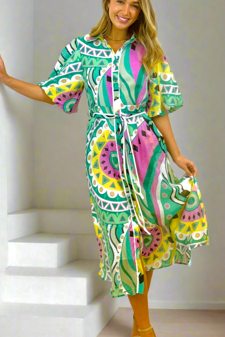 Leah Dress in Mint Colour Print