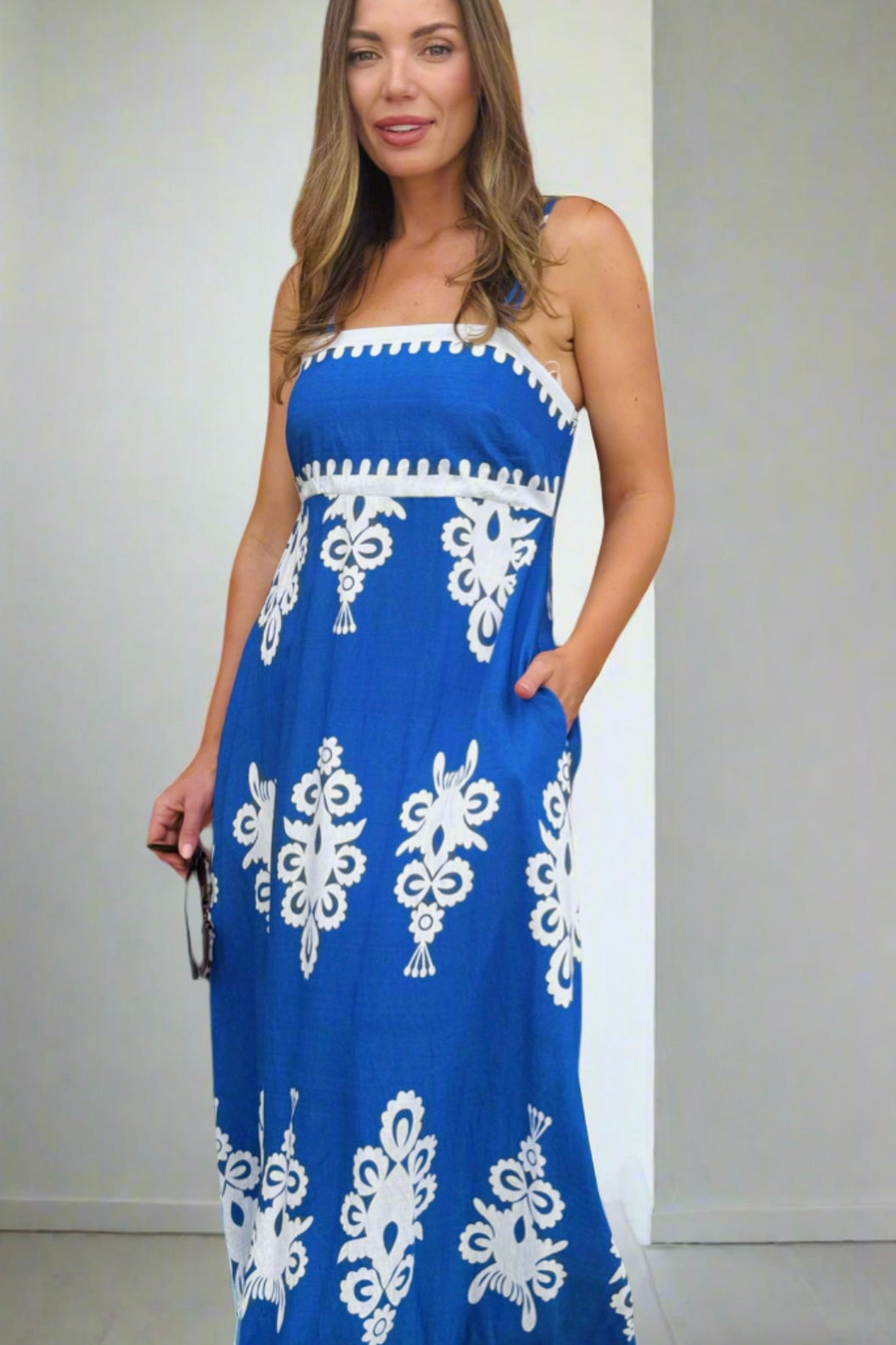 Positano Embroidery Print Maxi Dress in Blue