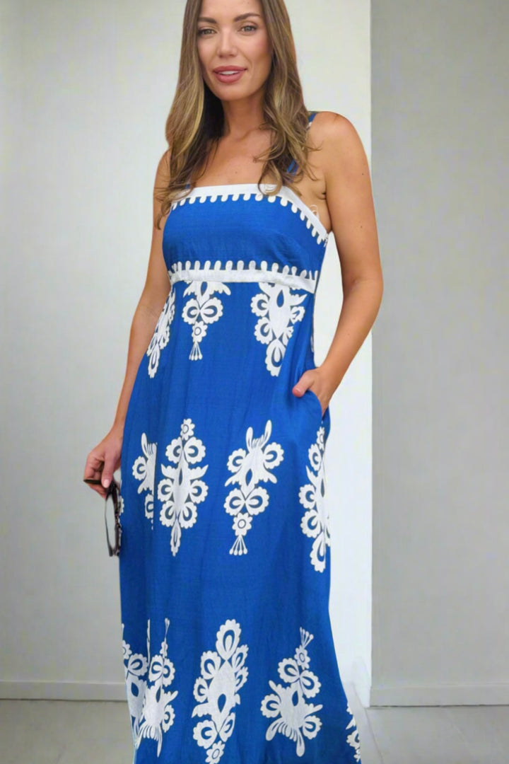 Positano Embroidery Print Maxi Dress in Blue