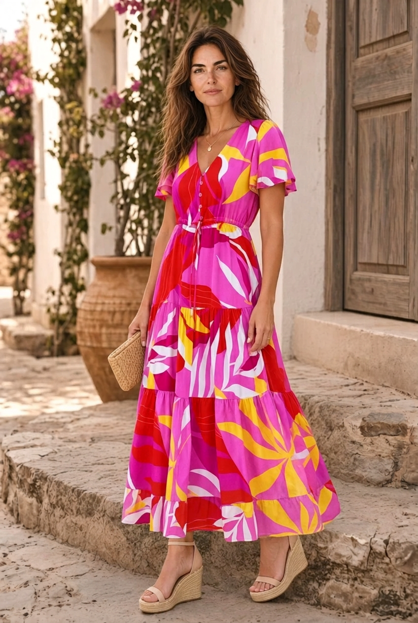 Almalfi Print Drawstring Maxi  Dress in Pink and Yellow Tones