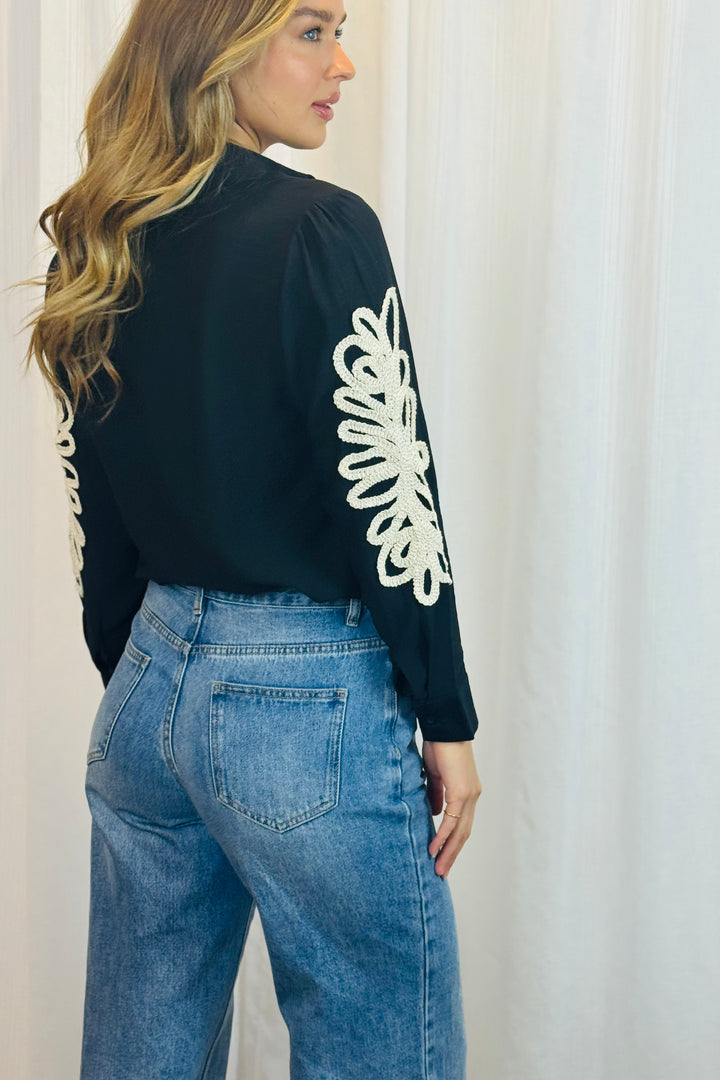 Valerie Black Shirt With Cream Embroidery