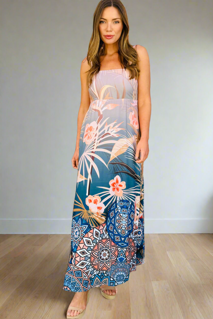 Miley Maxi Multi Print in Apricot and Blue Print