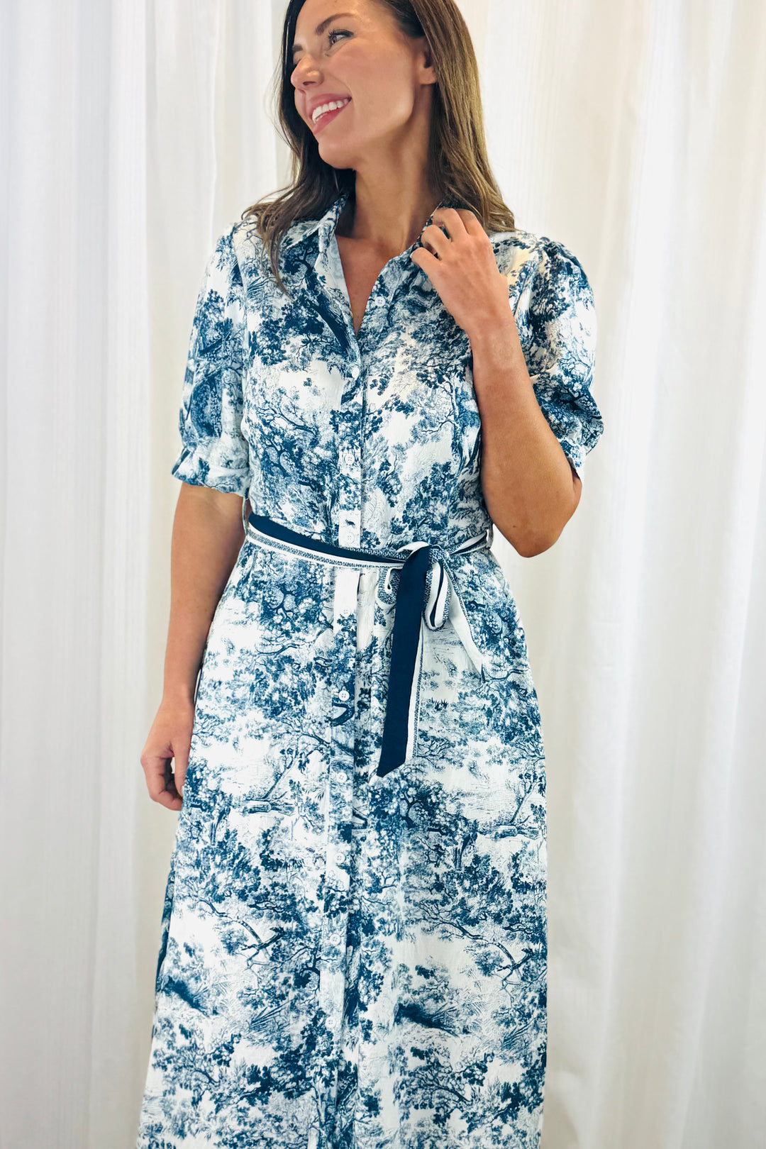 April Blue and Off White Multi Print Short Sleeve Dress
