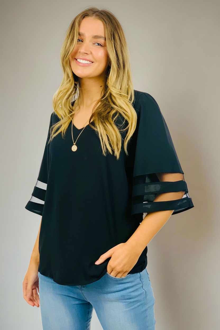 Carla | Black Bell Short Sleeve Top With Sheer Detail
