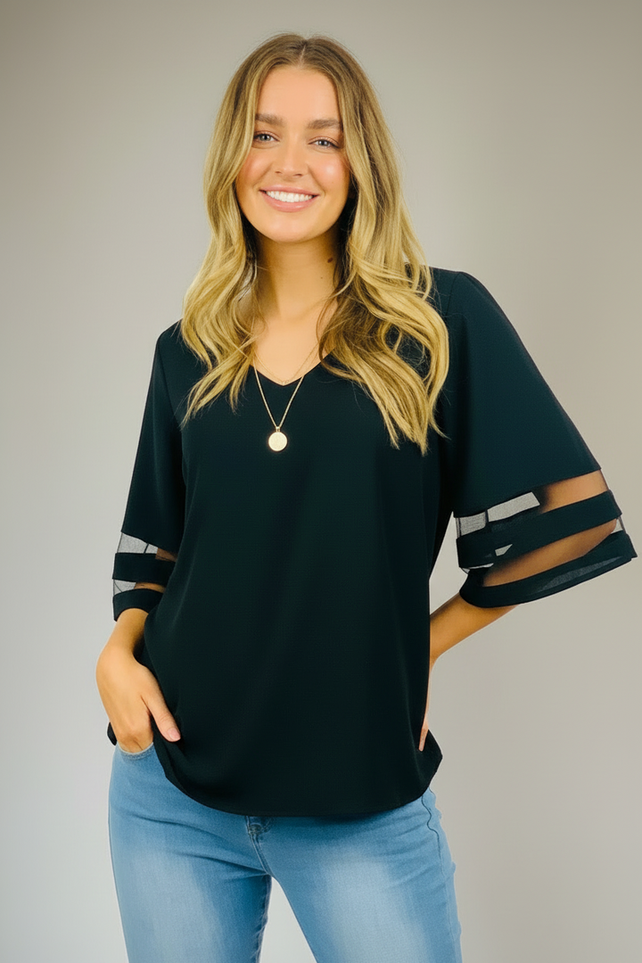 Carla | Black Bell Short Sleeve Top With Sheer Detail