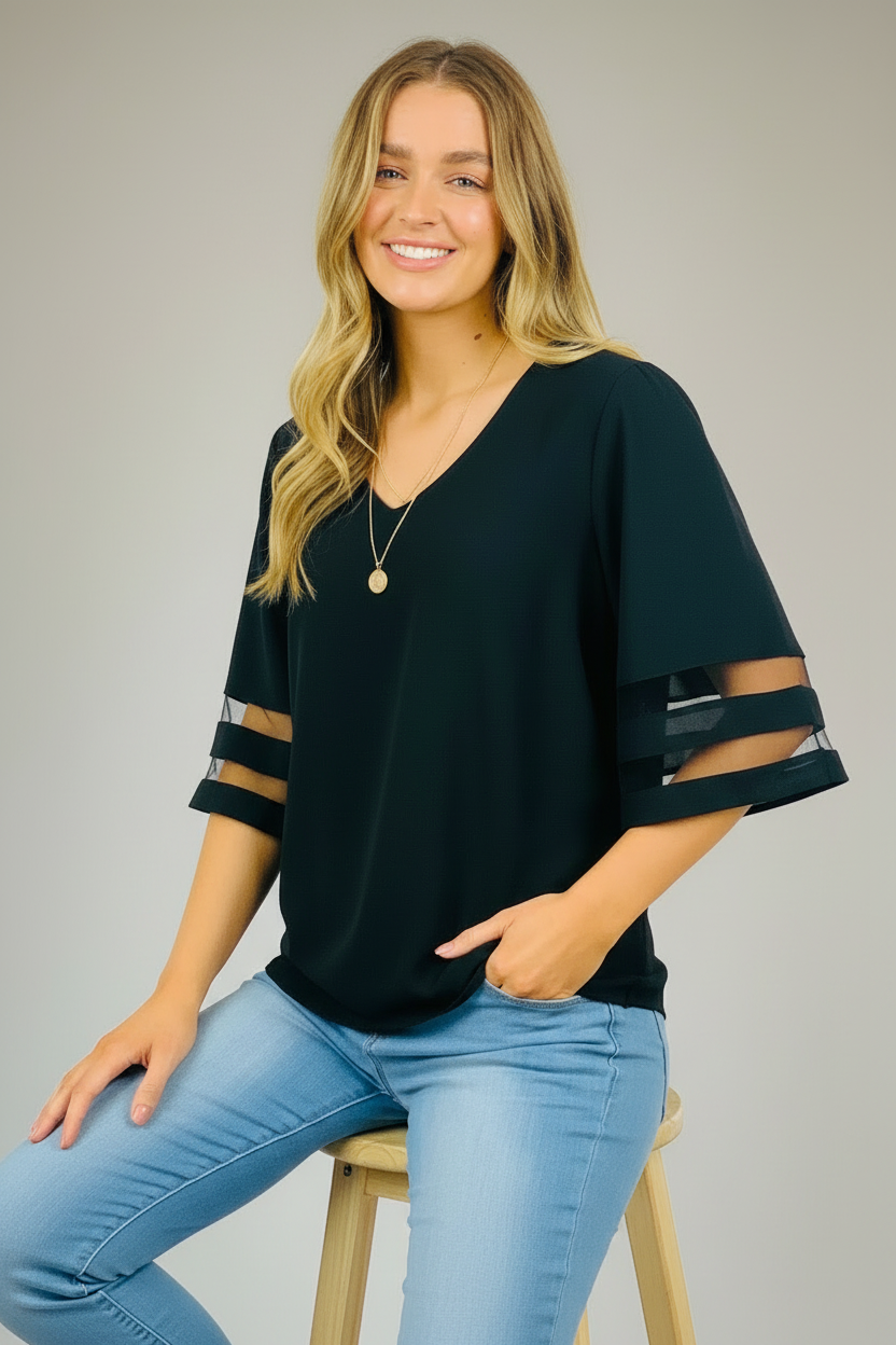 Carla | Black Bell Short Sleeve Top With Sheer Detail