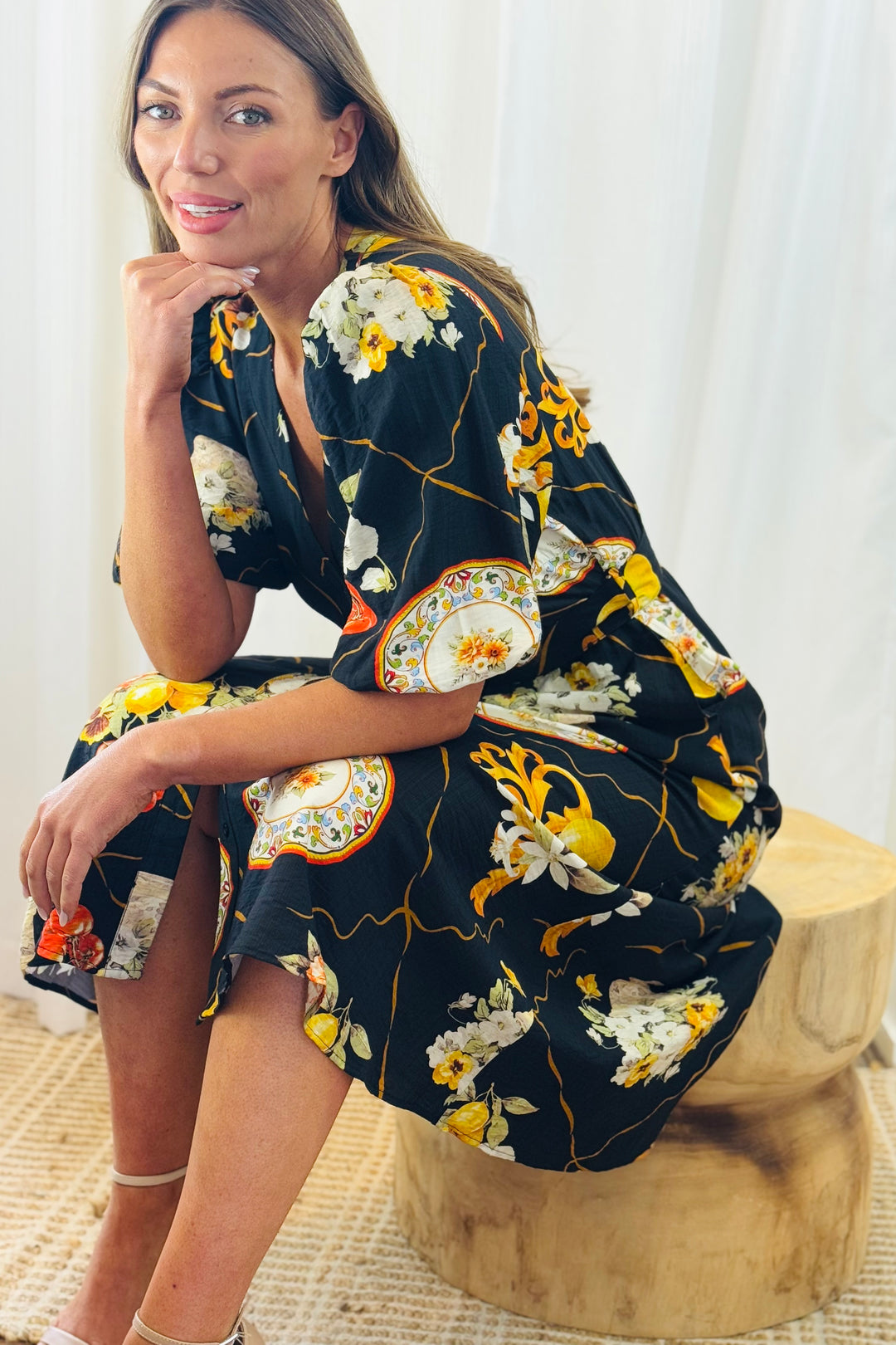 Giulia Lemon Print Dress in Black