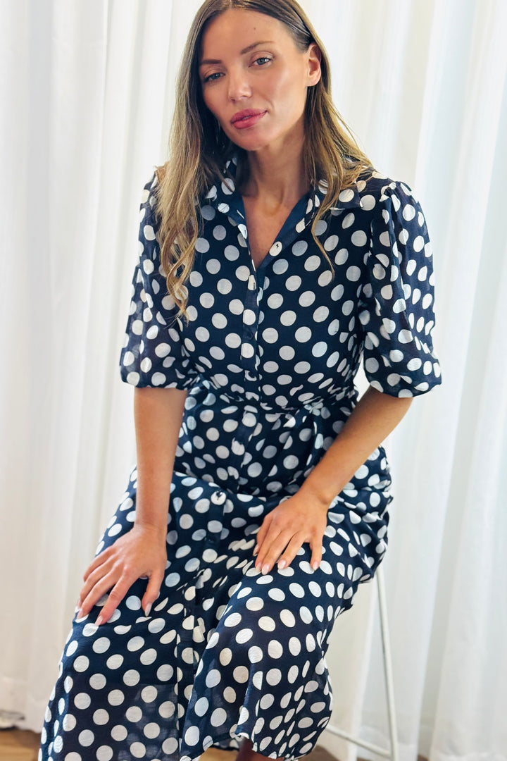 Fallon Shirt Dress In Navy and White Polka Dot-New Print