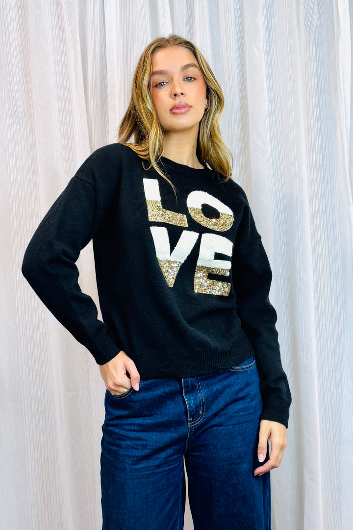 Nelly Love Sequin Detail Knit Top in Black