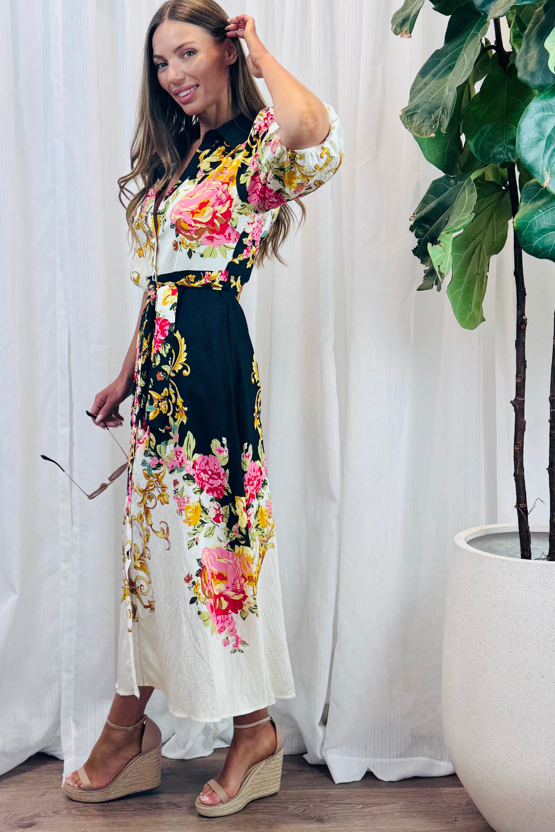 Leila Shirt Dress in Black Multi Print