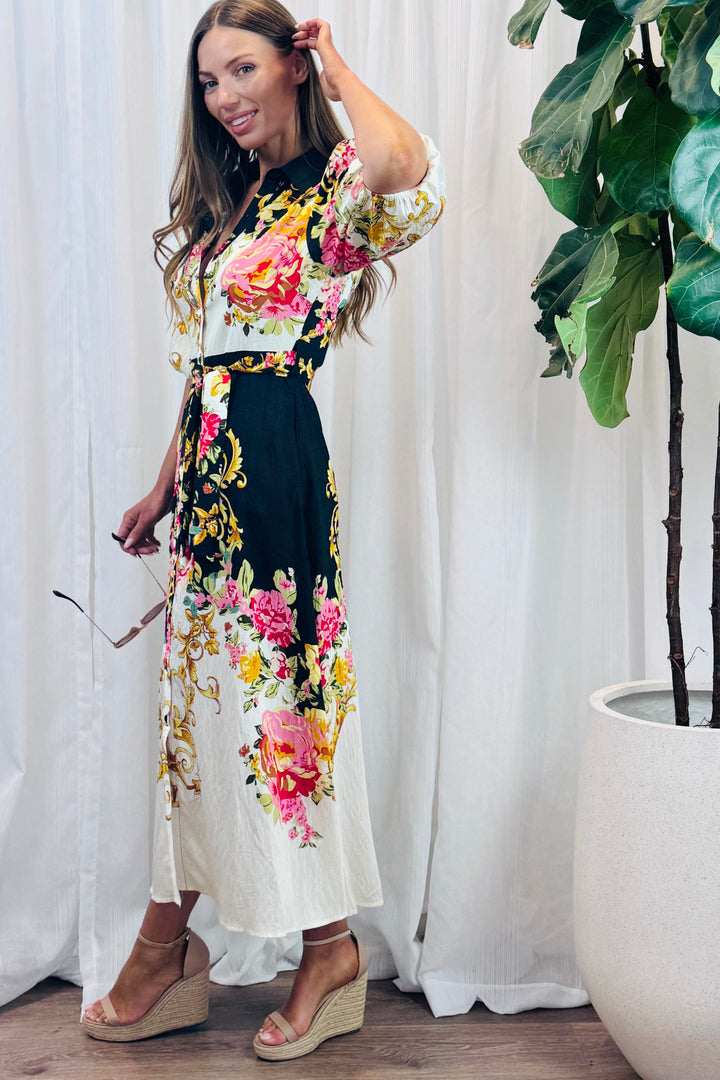 Leila Shirt Dress in Black Multi Print