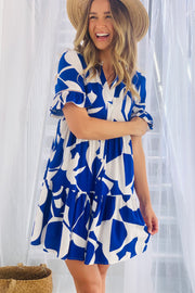 Stella Short Sleeve Shift Dress in Blue and White Print