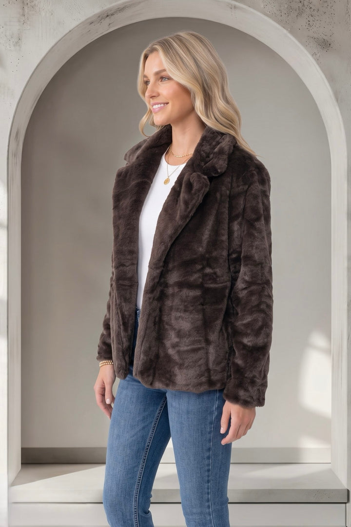 Kayla Faux Fur Jacket in New Chocolate colour