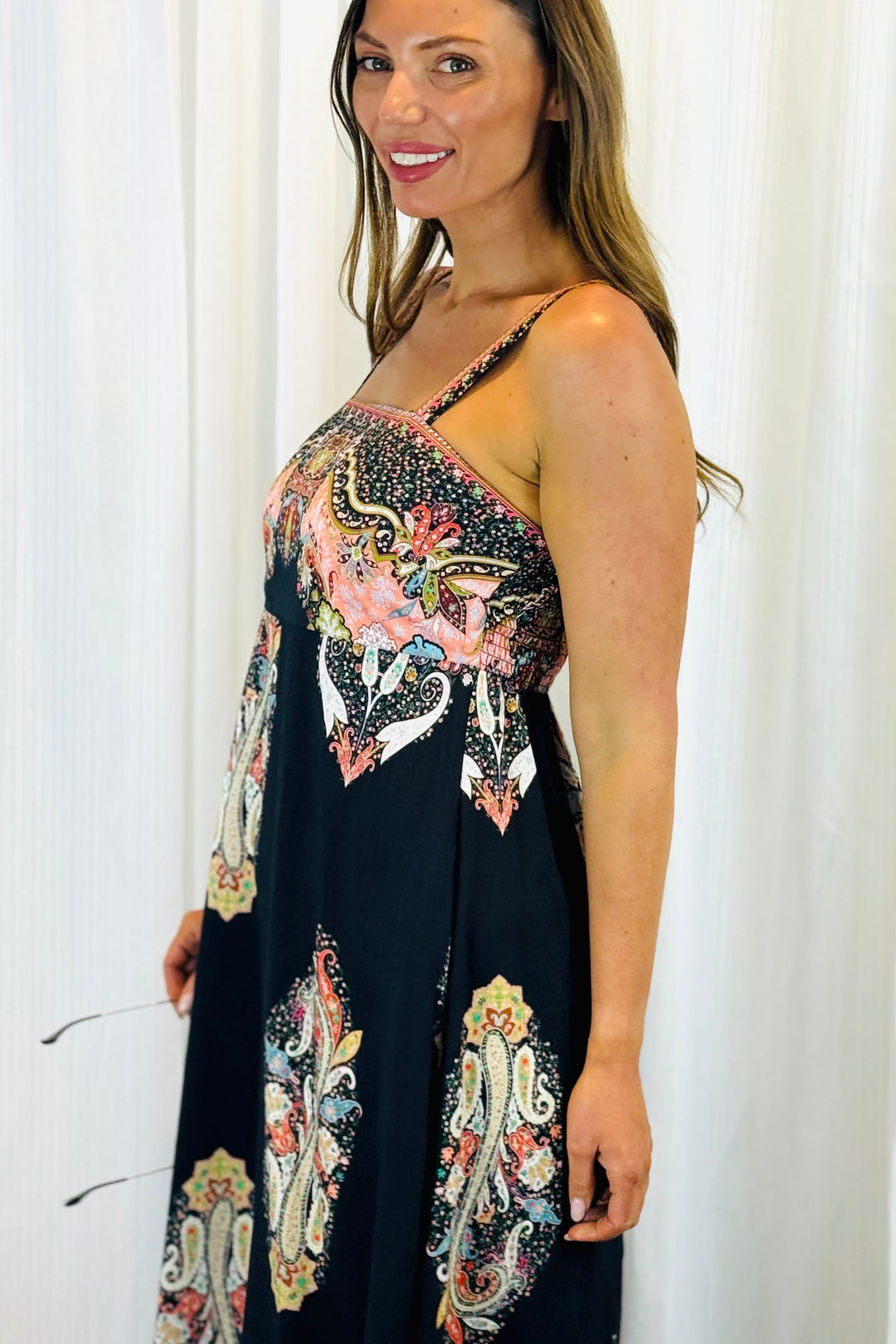 Positano Maxi in Black With Embroidery Multi Print