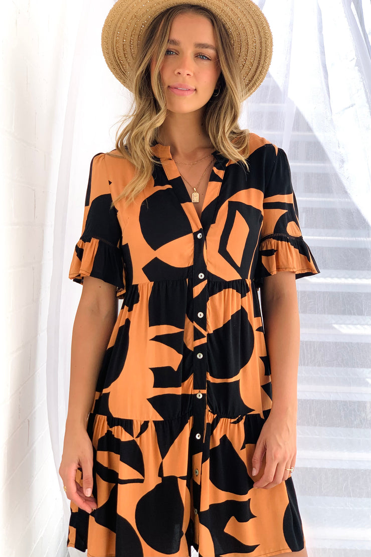 Stella Short Sleeve  Dress in Orange and Black Print