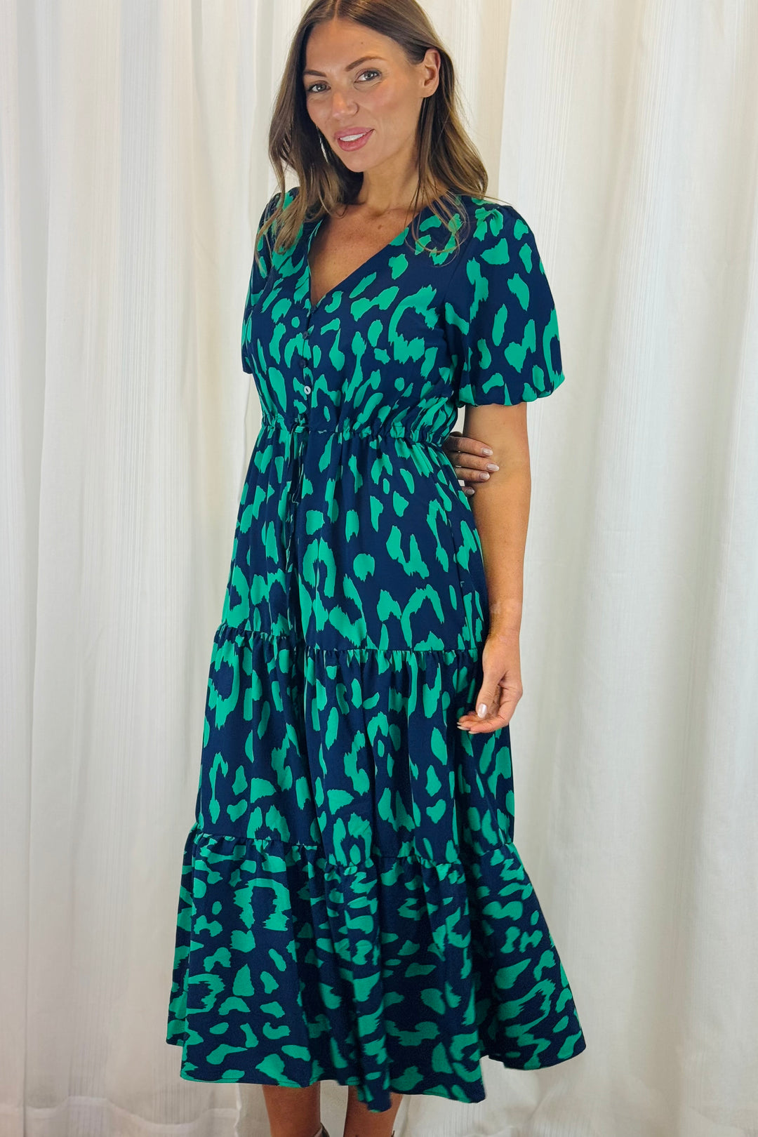 Molli Green and Navy Tiger Print Short Sleeve Dress