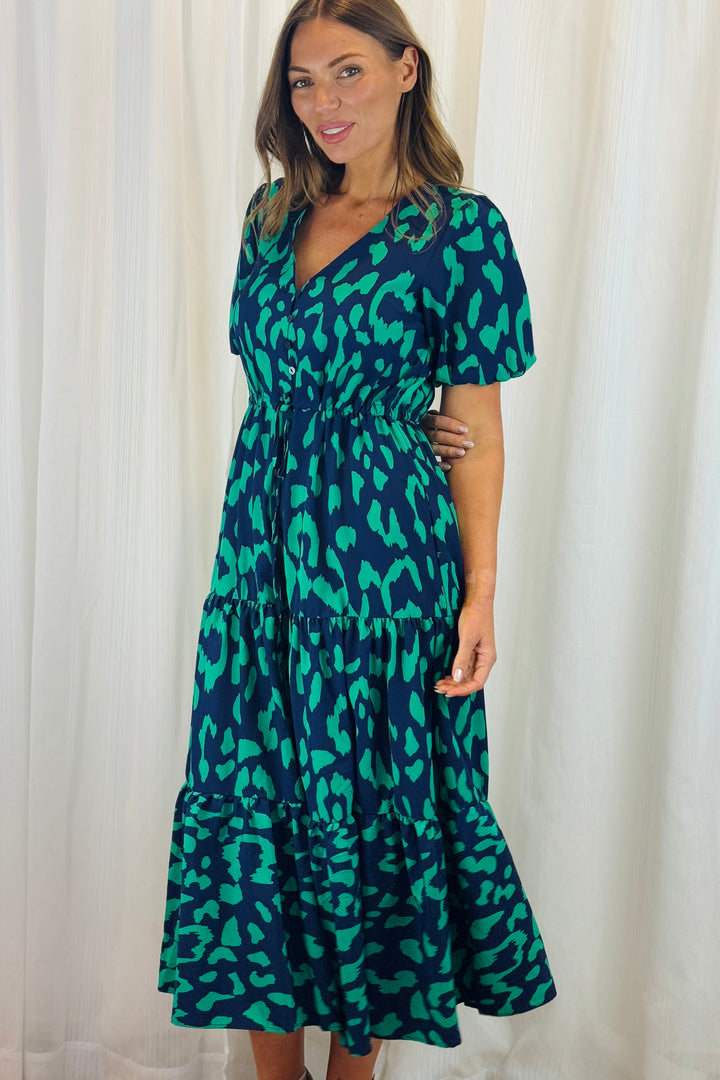 Molli Green and Navy Tiger Print Short Sleeve Dress