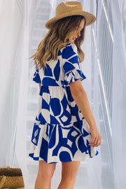 Stella Short Sleeve Shift Dress in Blue and White Print
