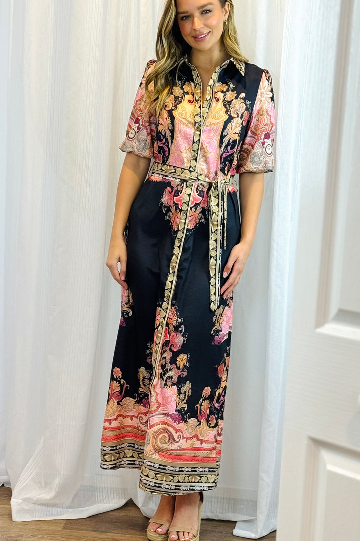 Portia Shirt Dress in Black Multi Print