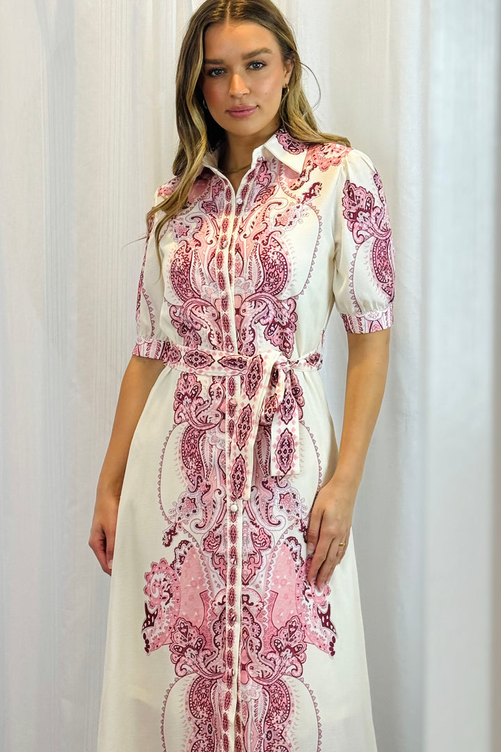 Eden Off White Dress With Pink Embroidered Print