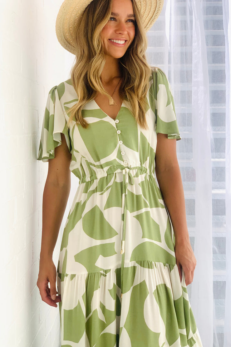 Santorini Midi  Dress In Avocado and Cream Print