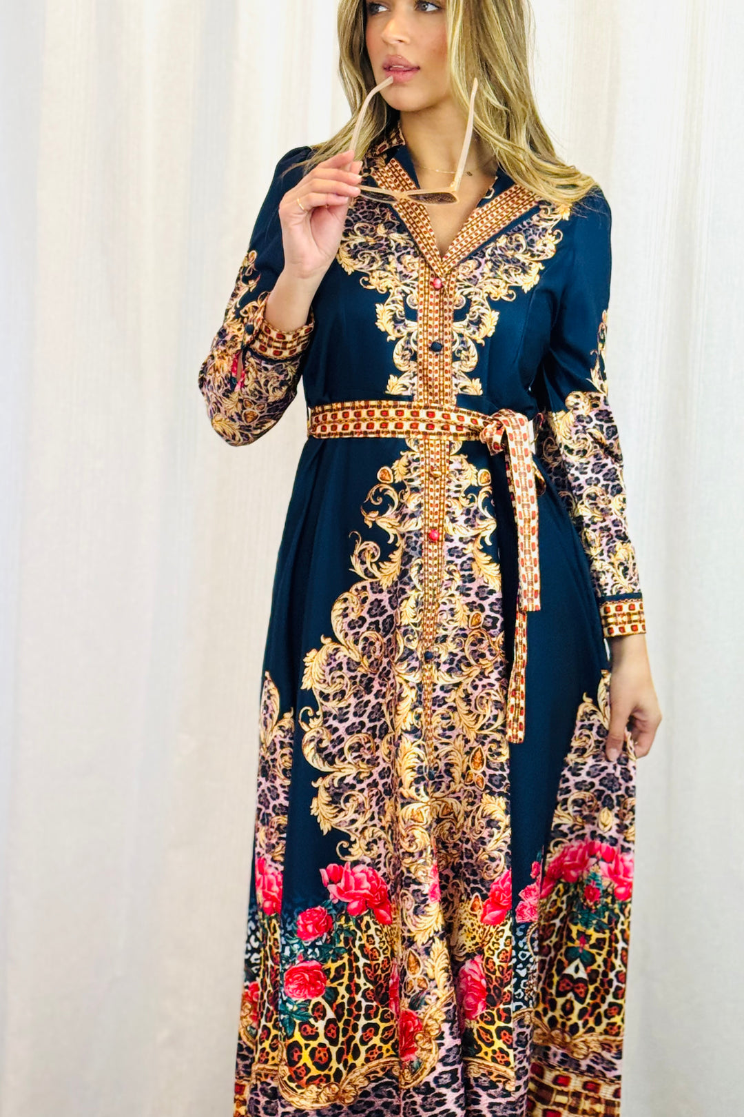 Catalina Navy Embroidered Print Maxi Dress