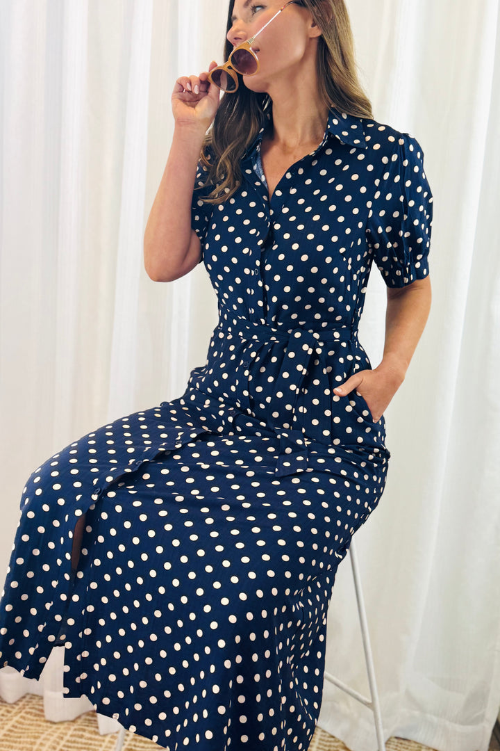Tamika Spot Dress In Navy And Beige
