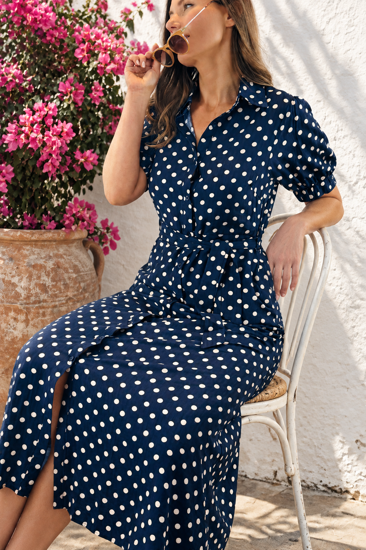 Tamika Spot Dress In Navy And Beige