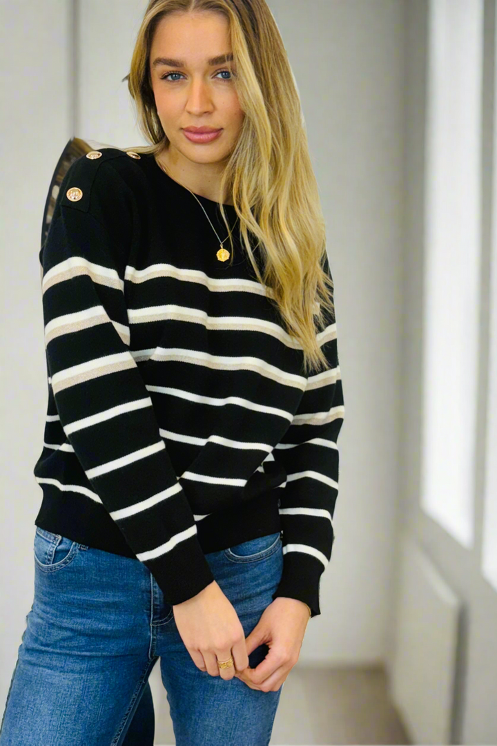 Carley Knit Top in Black and White Stripe with Gold Buttons