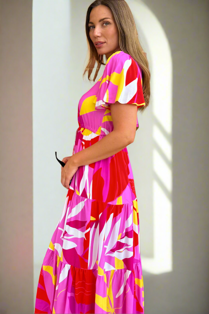 Almalfi Print Drawstring Midi Dress in Pink and Yellow Tones